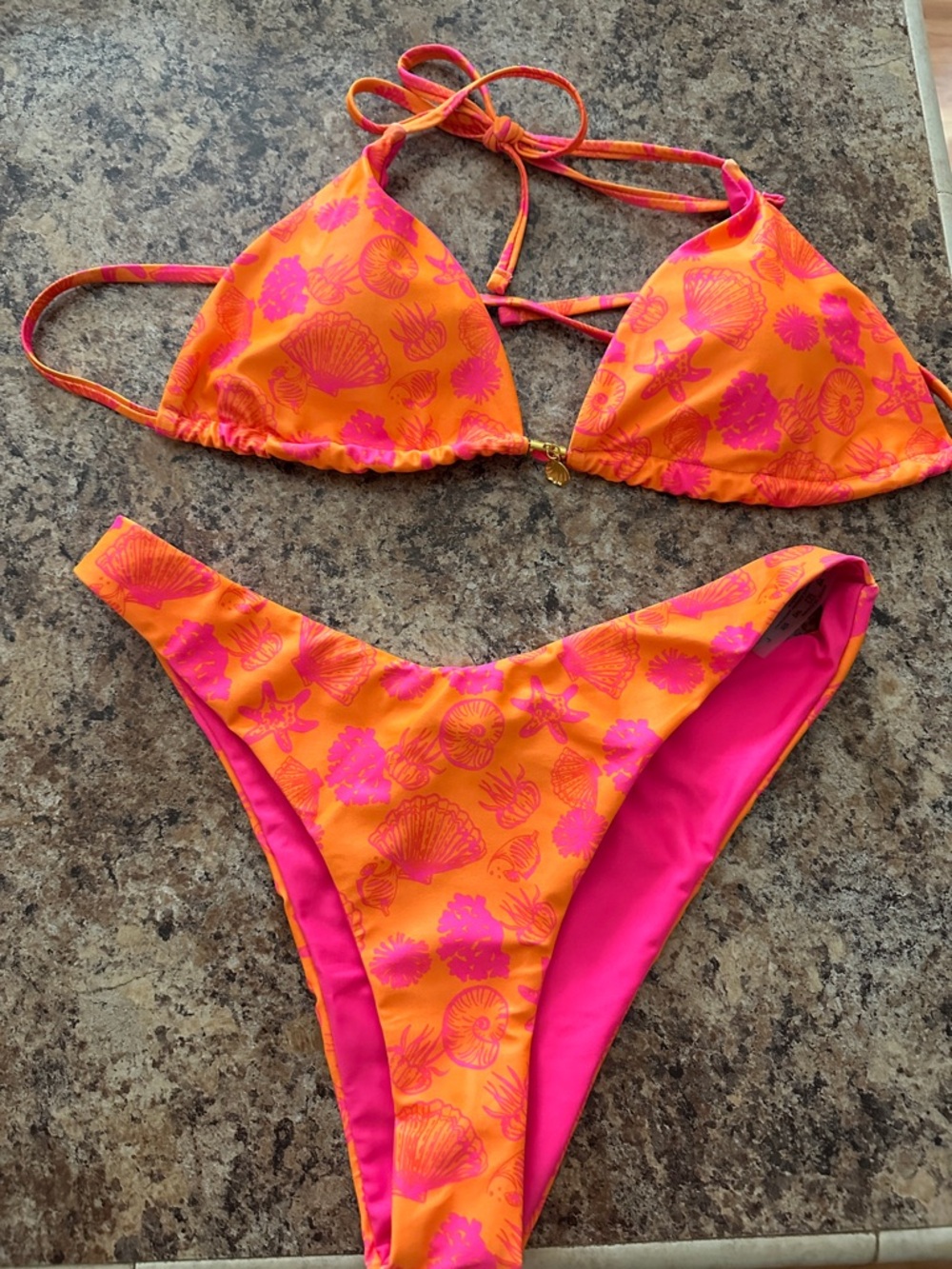 SHEIN Orange and Hot Pink Shell Print Triangle Bikini